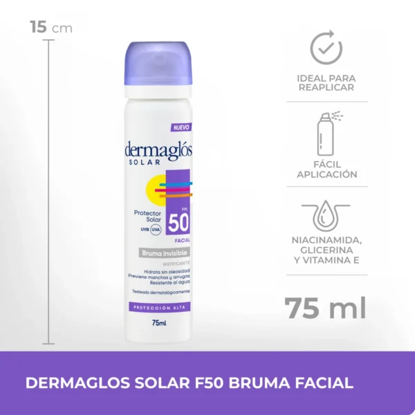 DERMAGLÓS SOLAR FACIAL BRUMA FPS50 75ml - Imagen 3