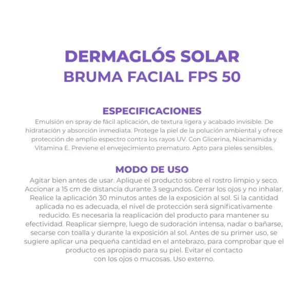 DERMAGLÓS SOLAR FACIAL BRUMA FPS50 75ml - Imagen 5